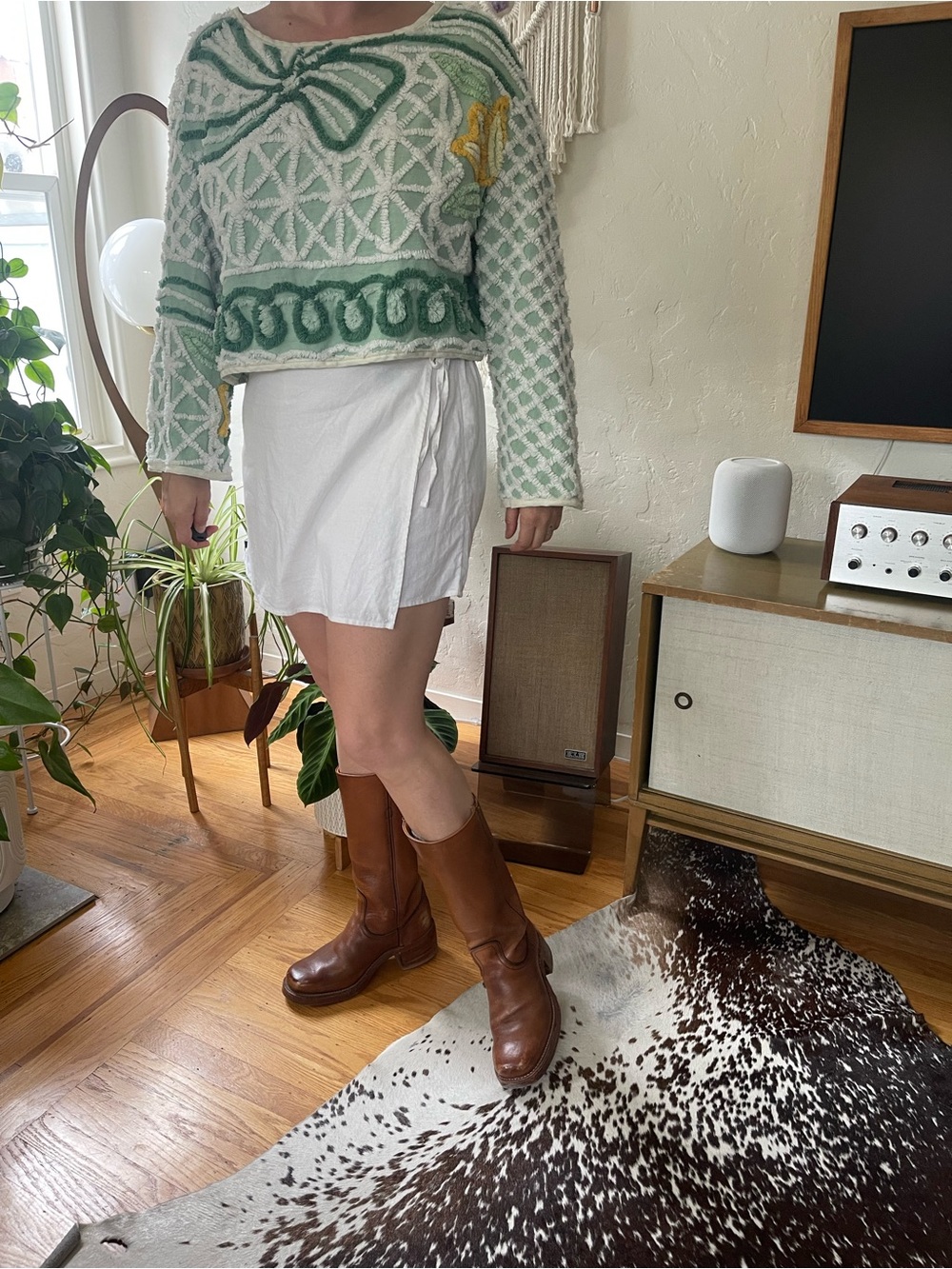 Textured Green and White Patterned Women's Sweater